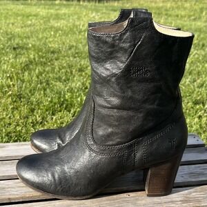 Frye Boots Womens Size 9.5 Black Leather Western Mid Calf Block Heel Booties